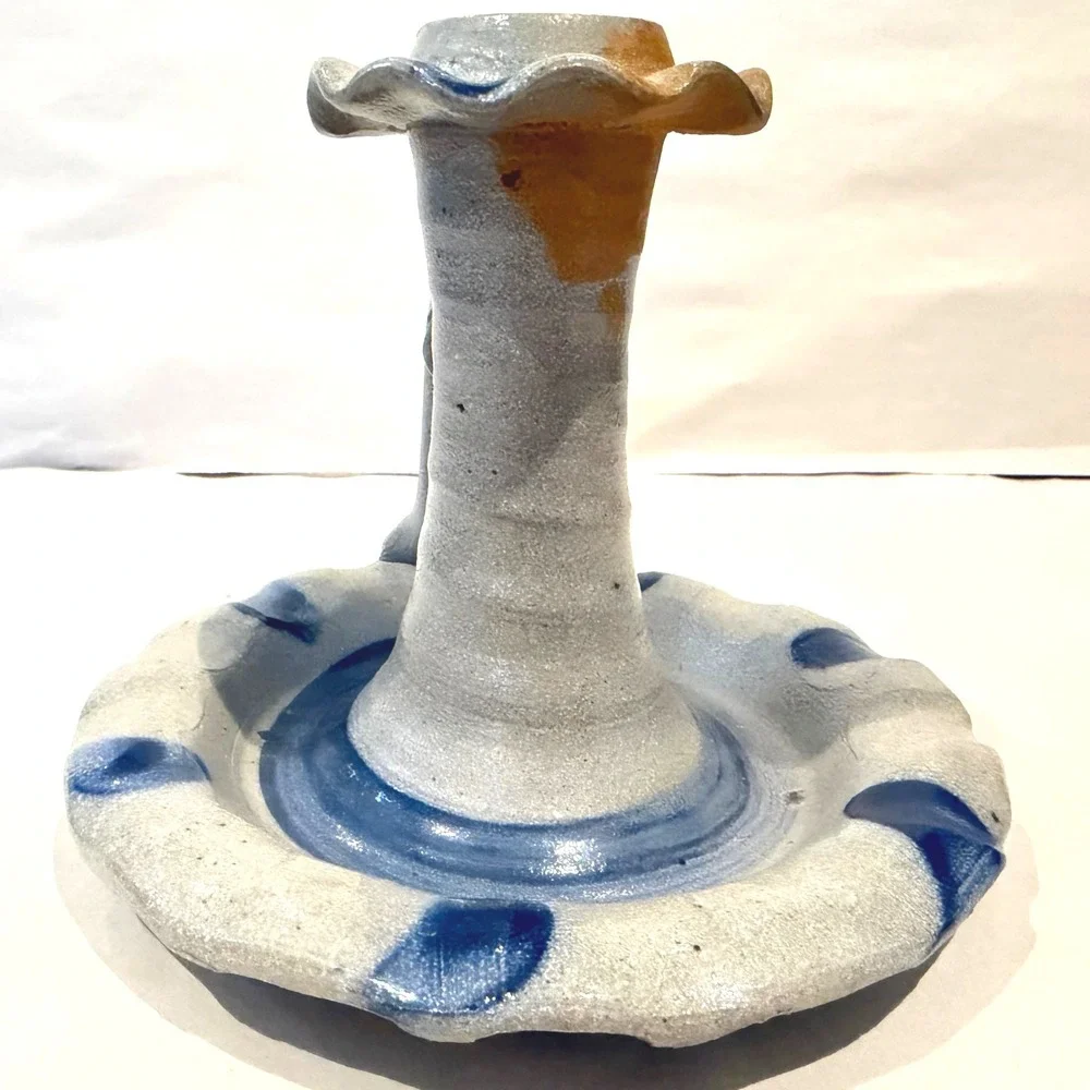 Rowe Pottery Works 1992 Salt Glaze‎ Chamber Stick Candleholder Cobalt Floral